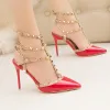 Fashion Red Rivet Evening Party Womens Sandals 2020 T-Strap 10 cm Stiletto Heels Pointed Toe Sandals