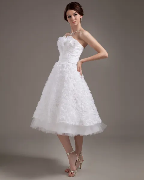 Fashionable Satin Applique Strapless Tea-Length Mini Wedding Dresses