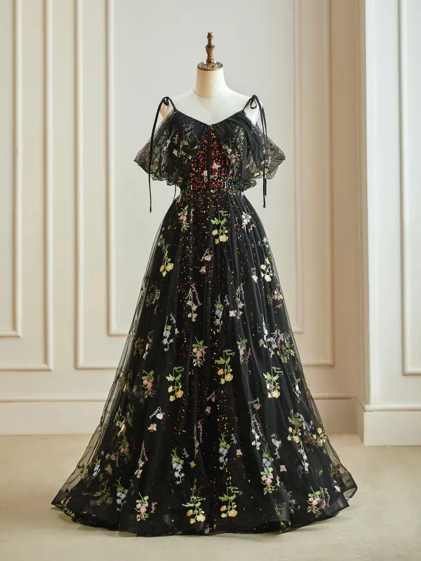 Flower Fairy Black Floral Prom Dresses 2024 Embroidered Sequins Off-The-Shoulder Floor-Length / Long A-Line / Princess Formal Dresses