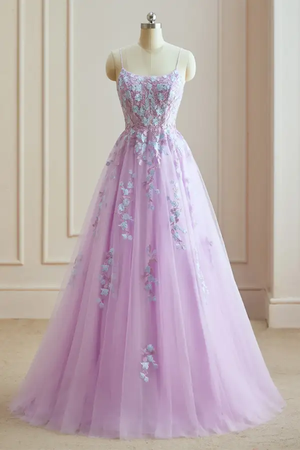 Flower Fairy Lavender Spaghetti Straps 2024 Prom Dresses Lace Flower Crossed Straps Sleeveless A-Line / Princess Formal Dresses