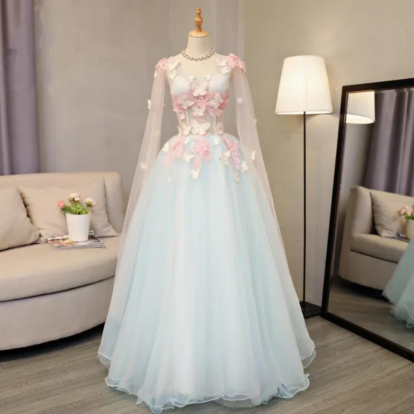Flower Fairy Sky Blue Prom Dresses 2018 A-Line / Princess Appliques Sequins V-Neck Backless Long Sleeve Floor-Length / Long Formal Dresses