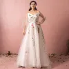 Flower Fairy White Plus Size Prom Dresses 2018 A-Line / Princess V-Neck Tulle Backless Embroidered Prom Evening Party Evening Dresses