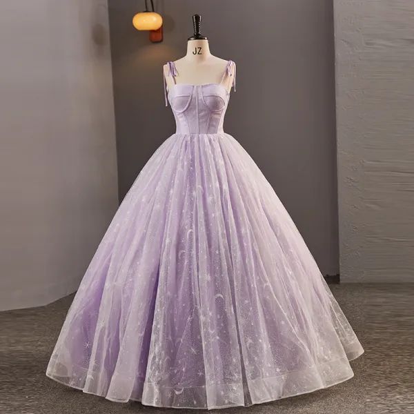 Glamorous Star Strapless Corset Lavender Prom Dresses Tulle Crossed Straps Spaghetti Straps Sleeveless Quinceañera Ball Gown Floor-Length / Long Formal Dresses 2023
