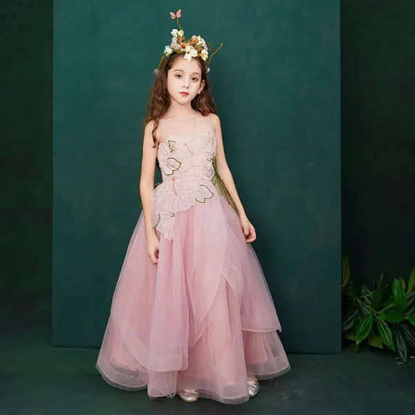 Hada de las flores Rosa Transparentes Vestidos para niñas 2019 A-Line / Princess Scoop Escote Sin Mangas Apliques Con Encaje Flor Rhinestone Largos Ruffle Vestidos para bodas