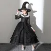 Halloween Cosplay Black Flower Girl Dresses With Shawl 2020 Ball Gown Scoop Neck Long Sleeve Appliques Lace Ankle Length Ruffle