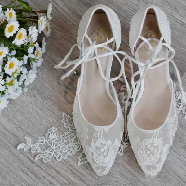 High-end Ivory Handmade  Wedding Shoes 2020 Leather Tulle Lace Flower 8 cm Stiletto Heels Pointed Toe Wedding High Heels