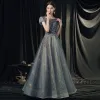 High-end Navy Blue Dancing Prom Dresses 2020 A-Line / Princess See-through Scoop Neck Puffy Short Sleeve Beading Glitter Tulle Floor-Length / Long Ruffle Backless Formal Dresses