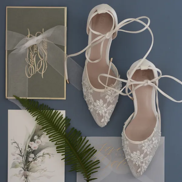 High-end White See-through Lace Flower Wedding Shoes 2021 Leather 7 cm Stiletto Heels Pointed Toe Wedding High Heels