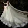 Illusion Champagne See-through Bridal Wedding Dresses 2020 Ball Gown Scoop Neck 3/4 Sleeve Appliques Lace Beading Glitter Tulle Backless Cathedral Train Ruffle