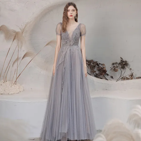 Illusion Grey See-through Dancing Prom Dresses 2021 A-Line / Princess Deep V-Neck Short Sleeve Sequins Beading Glitter Tulle Floor-Length / Long Pleated Backless Formal Dresses