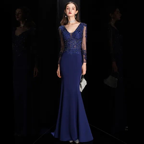 Illusion Royal Blue See-through Evening Dresses  2020 Trumpet / Mermaid Deep V-Neck Long Sleeve Pierced Appliques Lace Beading Sweep Train Ruffle Backless Formal Dresses