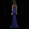 Illusion Royal Blue See-through Evening Dresses  2020 Trumpet / Mermaid Deep V-Neck Long Sleeve Pierced Appliques Lace Beading Sweep Train Ruffle Backless Formal Dresses