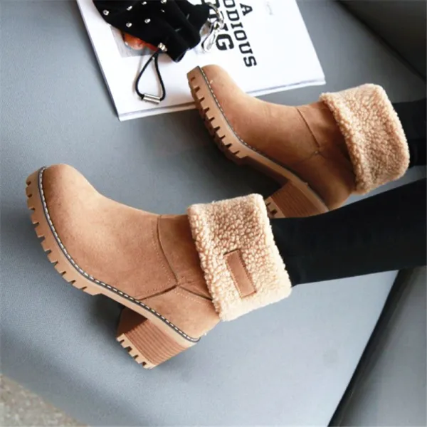 Keep Warm Winter Brown Street Wear Suede Ankle Snow Boots 2020 5 cm Thick Heels Round Toe Womens Boots