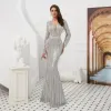 Luksusowe Błyszczące Szary Sukienki Wieczorowe 2020 Syrena / Rozkloszowane Przezroczyste Głęboki V-Szyja Długie Rękawy Cekiny Frezowanie Kutas Szarfa Długie Sukienki Wizytowe