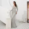 Luksusowe Błyszczące Szary Sukienki Wieczorowe 2020 Syrena / Rozkloszowane Przezroczyste Głęboki V-Szyja Długie Rękawy Cekiny Frezowanie Kutas Szarfa Długie Sukienki Wizytowe