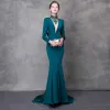 Luksusowe Tusz Niebieski Sukienki Wieczorowe 2018 Syrena / Rozkloszowane Kryształ Rhinestone Szarfa Wysokiej Szyi Bez Pleców Długie Rękawy Trenem Sweep Sukienki Wizytowe
