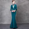 Luksusowe Tusz Niebieski Sukienki Wieczorowe 2018 Syrena / Rozkloszowane Kryształ Rhinestone Szarfa Wysokiej Szyi Bez Pleców Długie Rękawy Trenem Sweep Sukienki Wizytowe