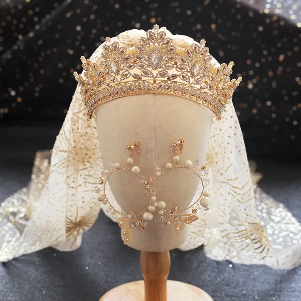 Luxe Doré Tiare Boucles D&#039;Oreilles Voile De Mariée Bijoux Mariage 2019 Métal Perle Faux Diamant Mariage Accessorize