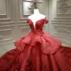 Luxury / Gorgeous Burgundy Bridal Wedding Dresses 2020 Ball Gown Off-The-Shoulder Deep V-Neck Short Sleeve Backless Appliques Lace Beading Cathedral Train Ruffle