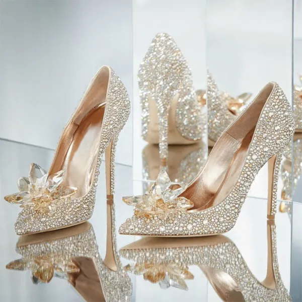 Luxury / Gorgeous Champagne Handmade  Cinderella Wedding Shoes 2019 Leather Crystal Rhinestone 9 cm Stiletto Heels Pointed Toe Wedding Pumps