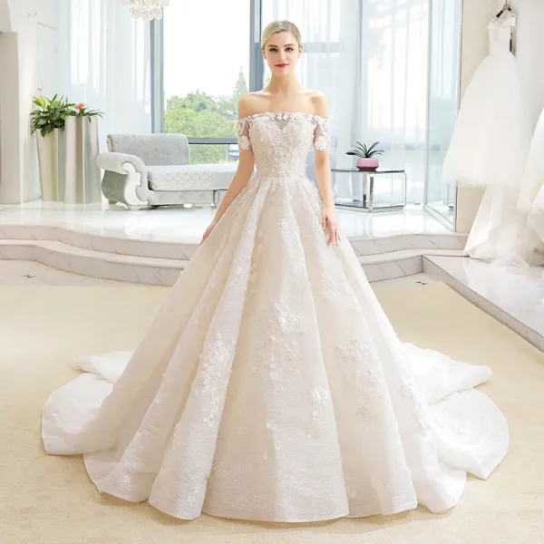 Luxury / Gorgeous Champagne Wedding Dresses 2018 Ball Gown Lace Flower Appliques Beading Sequins Off-The-Shoulder Backless Short Sleeve Cathedral Train Wedding