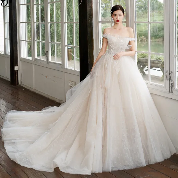 Luxury / Gorgeous Charming Champagne Wedding Dresses 2020 A-Line / Princess Ruffle Off-The-Shoulder Beading Backless Rhinestone Sequins Sleeveless Court Train