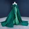Luxury / Gorgeous Dark Green Red Carpet Evening Dresses  2021 Trumpet / Mermaid Off-The-Shoulder Short Sleeve Appliques Sequins Watteau Train Ruffle Backless Formal Dresses