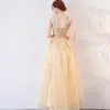Luxury / Gorgeous Gold Prom Dresses 2017 A-Line / Princess Butterfly Lace Flower Crystal Sequins V-Neck Backless Sleeveless Ankle Length Formal Dresses
