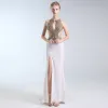 Luxury / Gorgeous Ivory Handmade  Beading Evening Dresses  2019 Trumpet / Mermaid Scoop Neck Crystal Rhinestone Sleeveless Split Front Sweep Train Formal Dresses