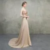 Luxury / Gorgeous Khaki Evening Dresses  2018 Empire Sweetheart Sleeveless Beading Sash Court Train Split Front Ruffle Backless Formal Dresses