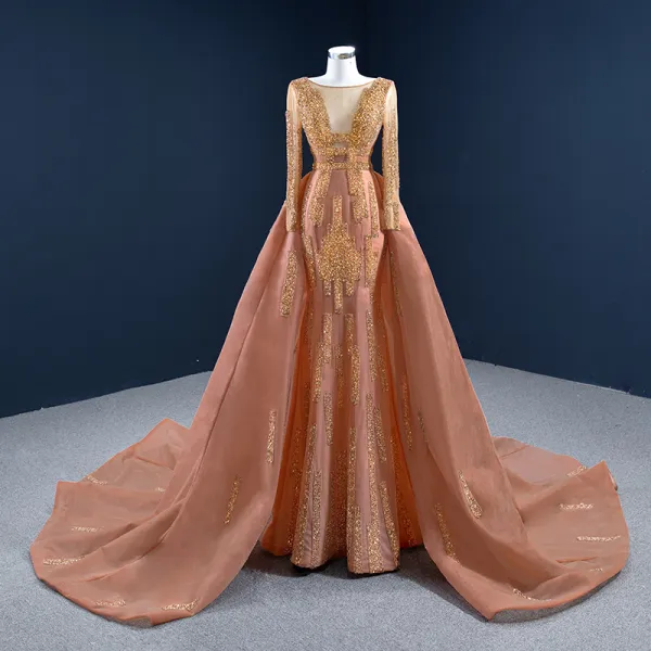 Luxury / Gorgeous Orange Red Carpet Evening Dresses  2020 A-Line / Princess See-through Scoop Neck Long Sleeve Handmade  Beading Sequins Court Train Ruffle Backless