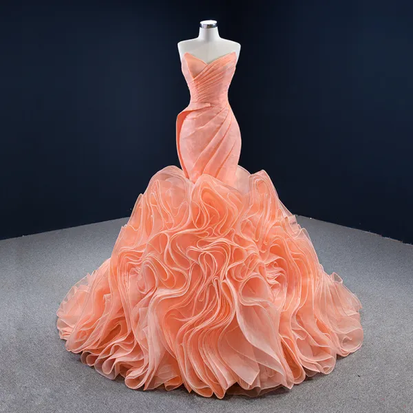 Luxury / Gorgeous Orange Red Carpet Evening Dresses  2020 Trumpet / Mermaid Sweetheart Sleeveless Sweep Train Ruffle Backless Formal Dresses