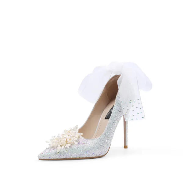 Luxury / Gorgeous Silver Rhinestone Wedding Shoes 2020 Leather Pearl Bow 10 cm Stiletto Heels Pointed Toe Wedding Pumps