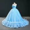 Luxury / Gorgeous Sky Blue Prom Dresses 2020 Ball Gown Strapless Sleeveless Glitter Tulle Court Train Ruffle Backless Formal Dresses