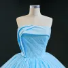 Luxury / Gorgeous Sky Blue Prom Dresses 2020 Ball Gown Strapless Sleeveless Glitter Tulle Court Train Ruffle Backless Formal Dresses