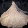 Luxury / Gorgeous Victorian Style Champagne Wedding Dresses 2019 A-Line / Princess Off-The-Shoulder Rhinestone Sequins Lace Flower Short Sleeve Backless Royal Train