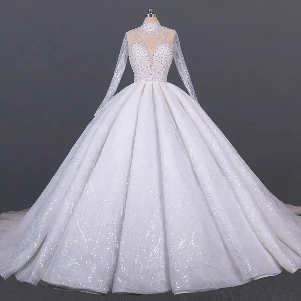 Luxury / Gorgeous White Bridal See-through Wedding Dresses 2020 Ball Gown High Neck Long Sleeve Handmade  Beading Sequins Cathedral Train Ruffle