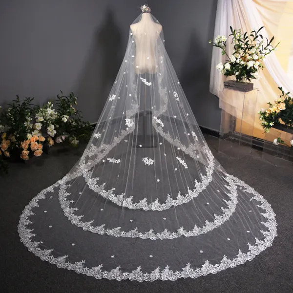 Luxury / Gorgeous White Handmade  3D Lace Wedding Veils Embroidered Chapel Train Chiffon Lace Wedding Accessories 2019