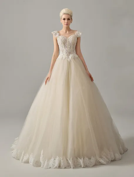 Luxury Square Neckline Beading Corset Ball Gown Champagne Organza Wedding Dress