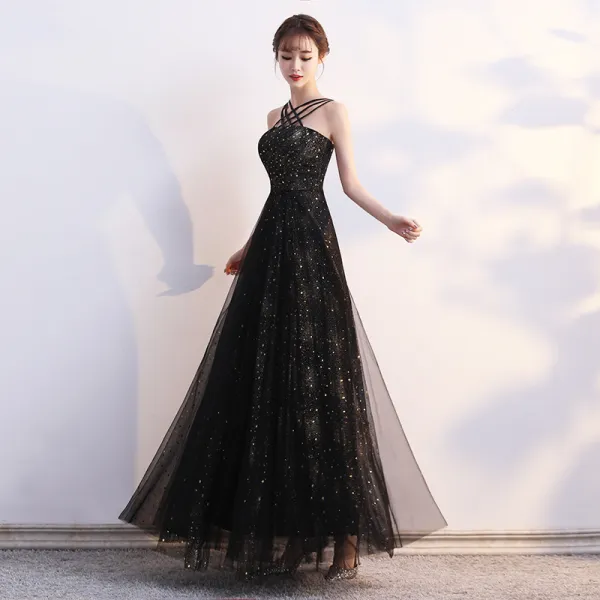 Modern / Fashion Black Evening Dresses  2019 A-Line / Princess Spaghetti Straps Star Sequins Sleeveless Backless Floor-Length / Long Formal Dresses