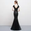 Modern / Fashion Black Floor-Length / Long Evening Dresses  2018 Trumpet / Mermaid U-Neck Tulle Backless Beading Sequins Rhinestone Formal Dresses
