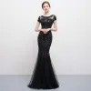 Modern / Fashion Black Floor-Length / Long Evening Dresses  2018 Trumpet / Mermaid U-Neck Tulle Backless Beading Sequins Rhinestone Formal Dresses