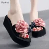Modern / Fashion Black Summer Casual Slipper & Flip flops 2018 Artificial Flowers Pearl 5 cm Platform Wedges Open / Peep Toe Womens Shoes