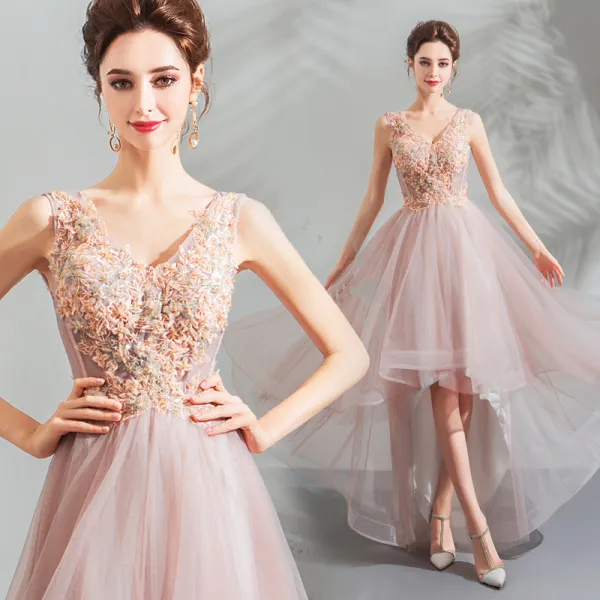Modern / Fashion Blushing Pink Cocktail Dresses 2018 A-Line / Princess Asymmetrical Beading Crystal Lace Flower V-Neck Sleeveless Backless Formal Dresses