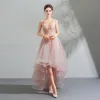 Modern / Fashion Blushing Pink Cocktail Dresses 2018 A-Line / Princess Asymmetrical Beading Crystal Lace Flower V-Neck Sleeveless Backless Formal Dresses