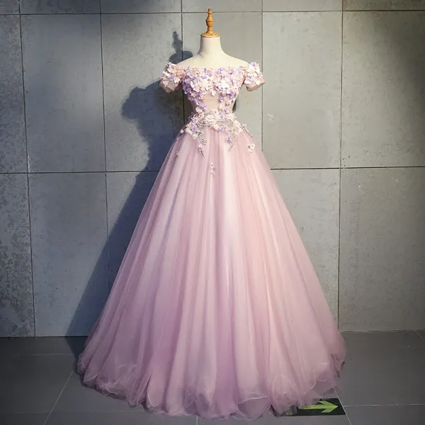 Modern / Fashion Blushing Pink Prom Dresses 2019 Ball Gown Off-The-Shoulder Short Sleeve Appliques Flower Pearl Rhinestone Floor-Length / Long Ruffle Backless Formal Dresses