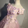 Modern / Fashion Blushing Pink Prom Dresses 2019 Ball Gown Off-The-Shoulder Short Sleeve Appliques Flower Pearl Rhinestone Floor-Length / Long Ruffle Backless Formal Dresses