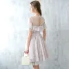 Modern / Fashion Graduation Dresses 2017 Blushing Pink Short A-Line / Princess Scoop Neck Backless Short Sleeve Pearl Lace Appliques Pierced Formal Dresses