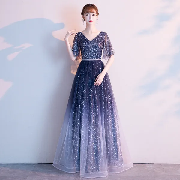 Modern / Fashion Navy Blue Starry Sky Evening Dresses  2019 A-Line / Princess V-Neck Star Sequins Short Sleeve Backless Floor-Length / Long Formal Dresses