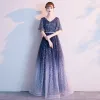 Modern / Fashion Navy Blue Starry Sky Evening Dresses  2019 A-Line / Princess V-Neck Star Sequins Short Sleeve Backless Floor-Length / Long Formal Dresses